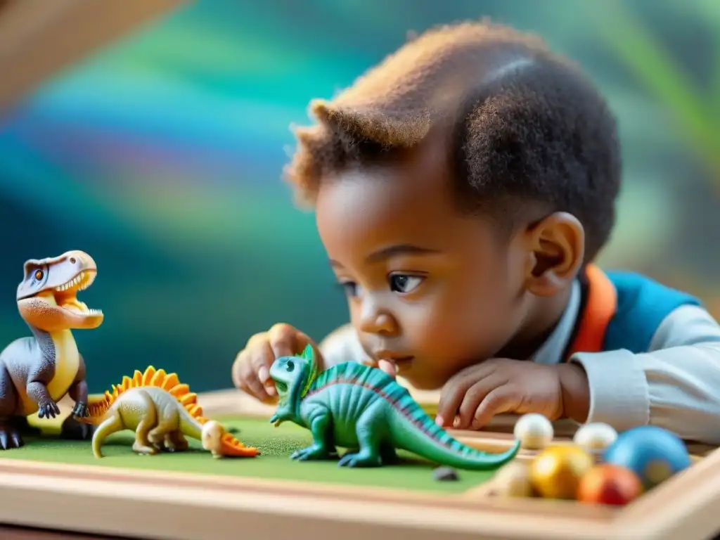 Niño armando esqueleto dinosaurio con juguete educativo STEM, rodeado de ilustraciones coloridas precisas, evocando descubrimiento y aprendizaje