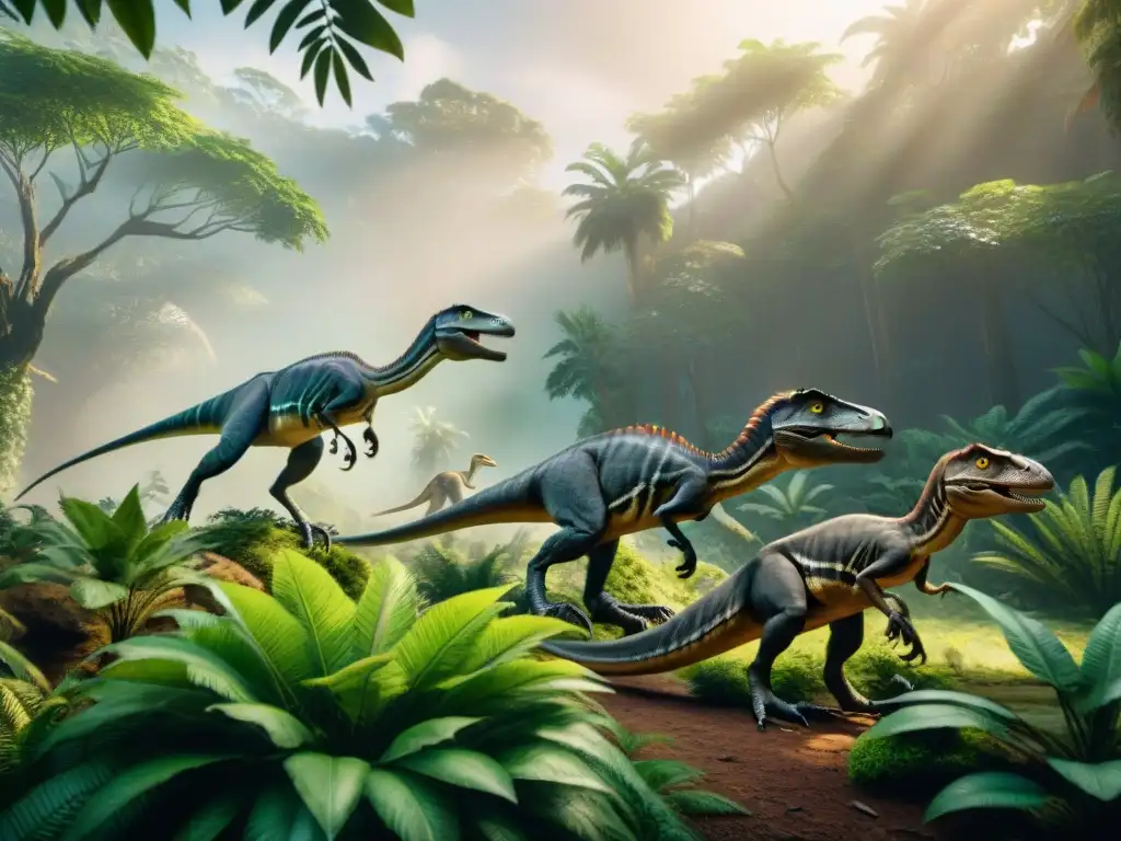 Sigilosa caza de Velocirraptores en la jungla prehistórica Evolución estrategias caza dinosaurios: Velocirraptores acechando sigilosamente en la jungla prehistórica al amanecer