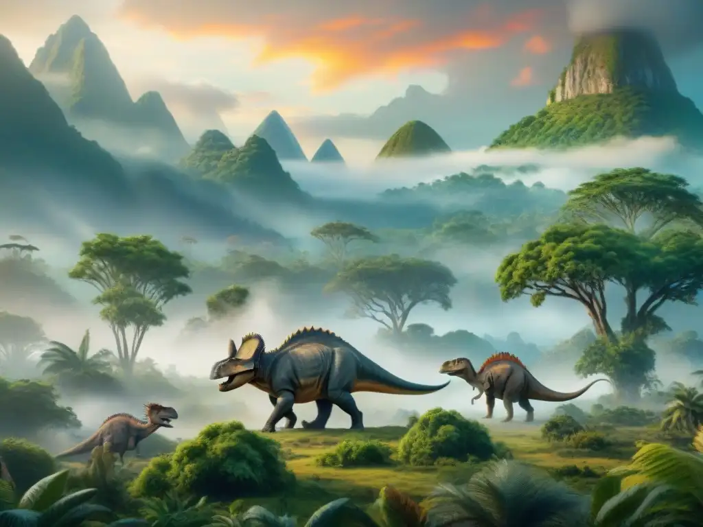 Dinosaurios en paisaje prehistórico: Colorido y realista Estrategias de supervivencia de dinosaurios en un paisaje prehistórico vibrante y detallado