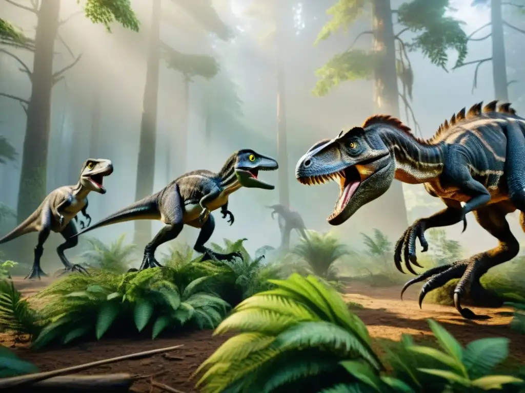 Velocirraptores en acción: estrategia de caza en el bosque prehistórico Estrategias de supervivencia de dinosaurios: Velocirraptores planeando su ataque en la densa selva prehistórica