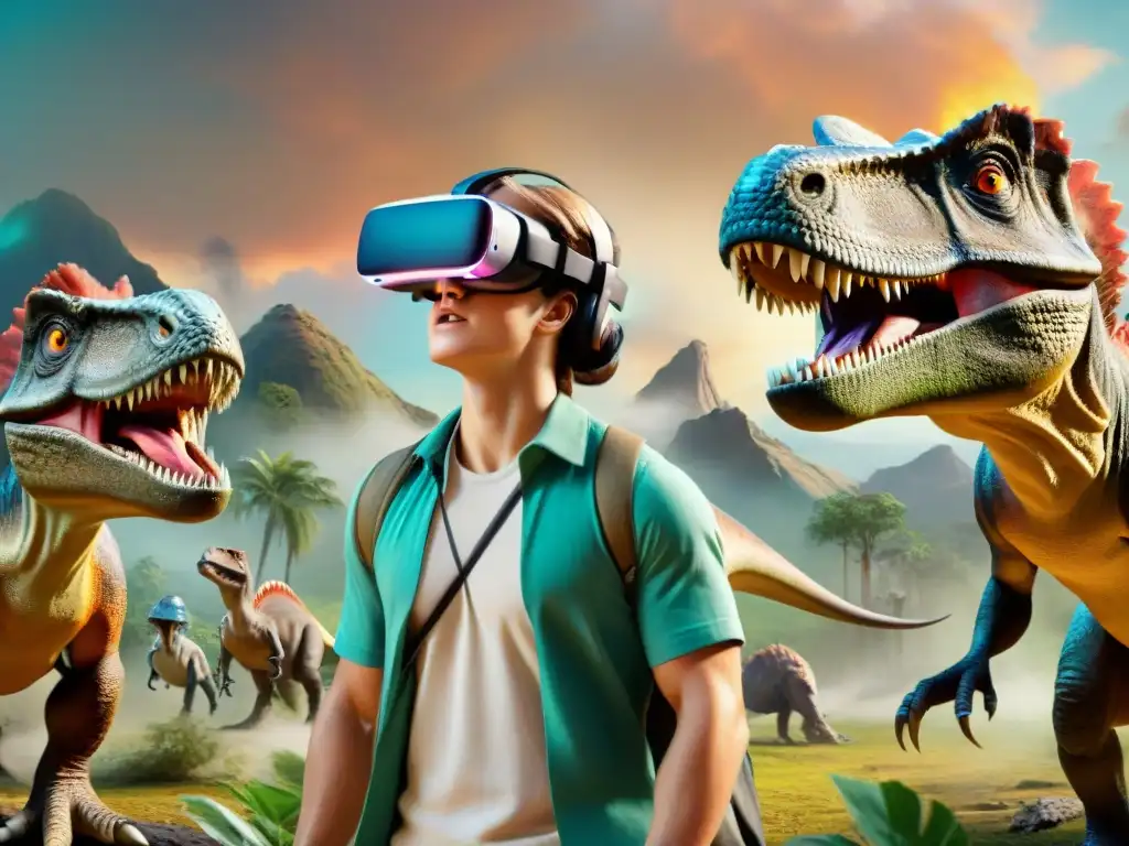 Estudiantes interactúan con dinosaurios en realidad aumentada Estudiantes interactúan con dinosaurios en AR, mostrando emoción y asombro