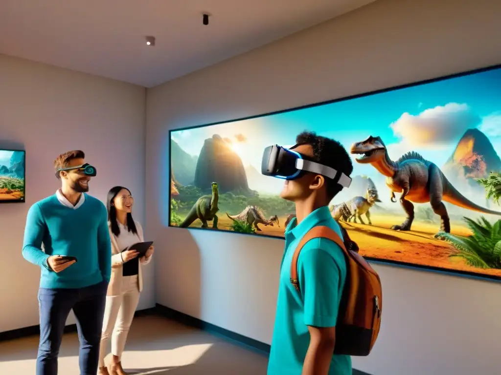 Experiencia de realidad aumentada prehistórica para niños en clase Estudiantes inmersos en una experiencia educativa de realidad aumentada prehistórica en un aula iluminada con colores vibrantes