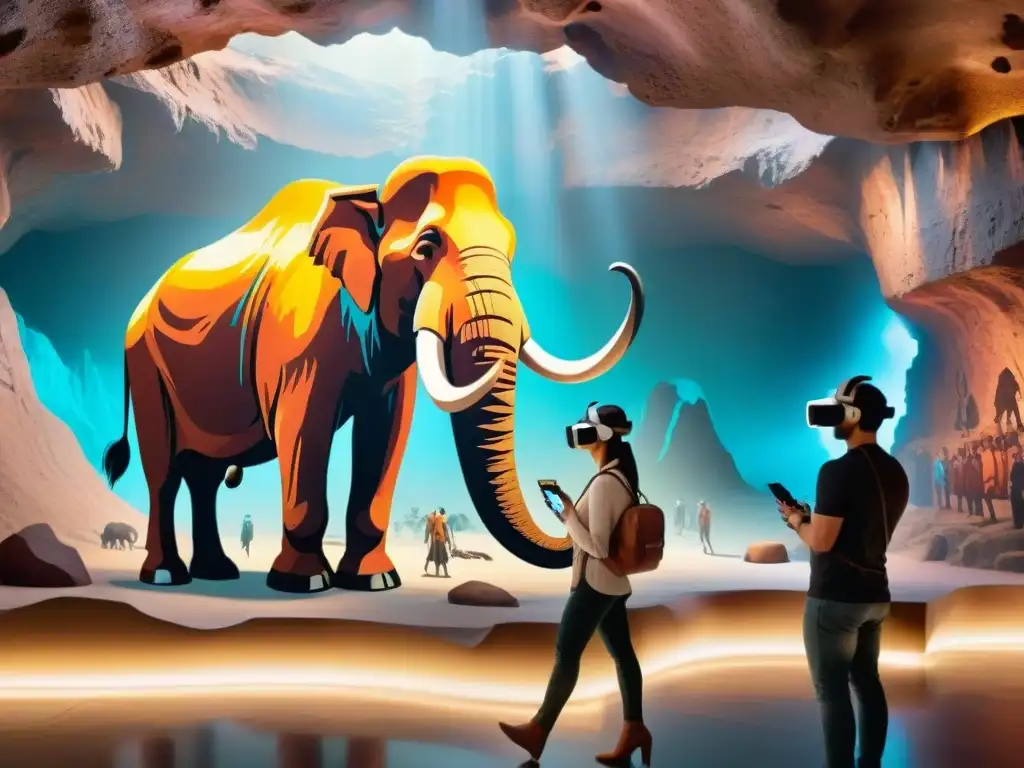 Mamut prehistórico cobra vida: realidad aumentada en arte rupestre Estudiantes interactúan con un mamut prehistórico en realidad aumentada en educación prehistórica