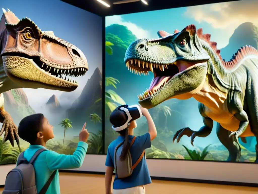 Experiencia educativa: Realidad Virtual con dinosaurios en aula moderna Estudiantes exploran mundo prehistórico con dinosaurios en Realidad Aumentada en educación prehistórica
