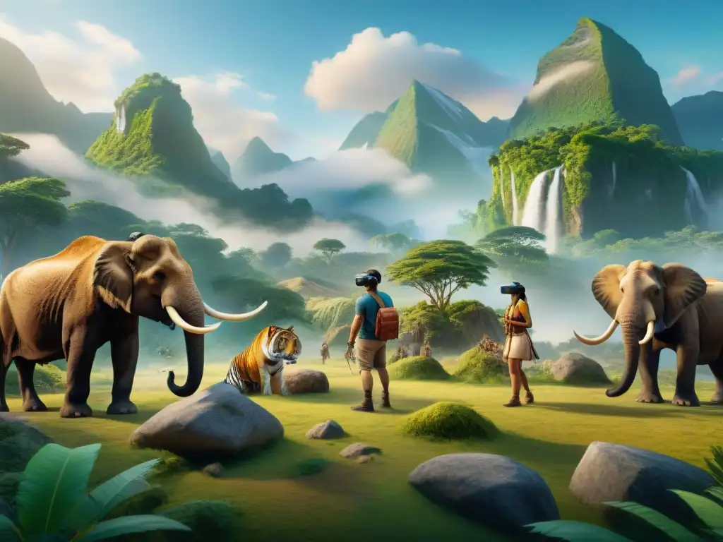 Excursión educativa en realidad virtual a la Prehistoria Estudiantes exploran un paisaje prehistórico con mamuts y tigres dientes de sable usando Realidad aumentada en educación prehistórica