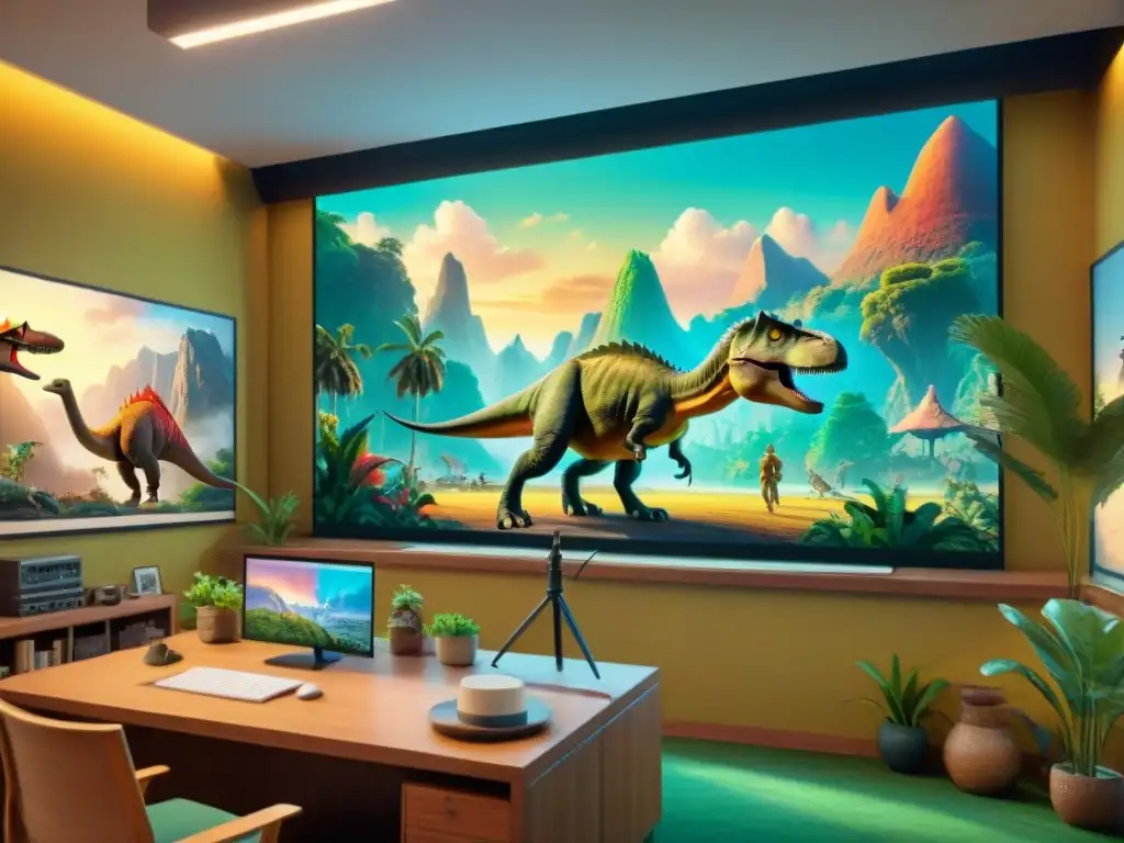 Estudio de Animación de Dinosaurios en los 80 y 90 Un estudio de animación vibrante de los 80 y 90, lleno de dinosaurios en cultura popular