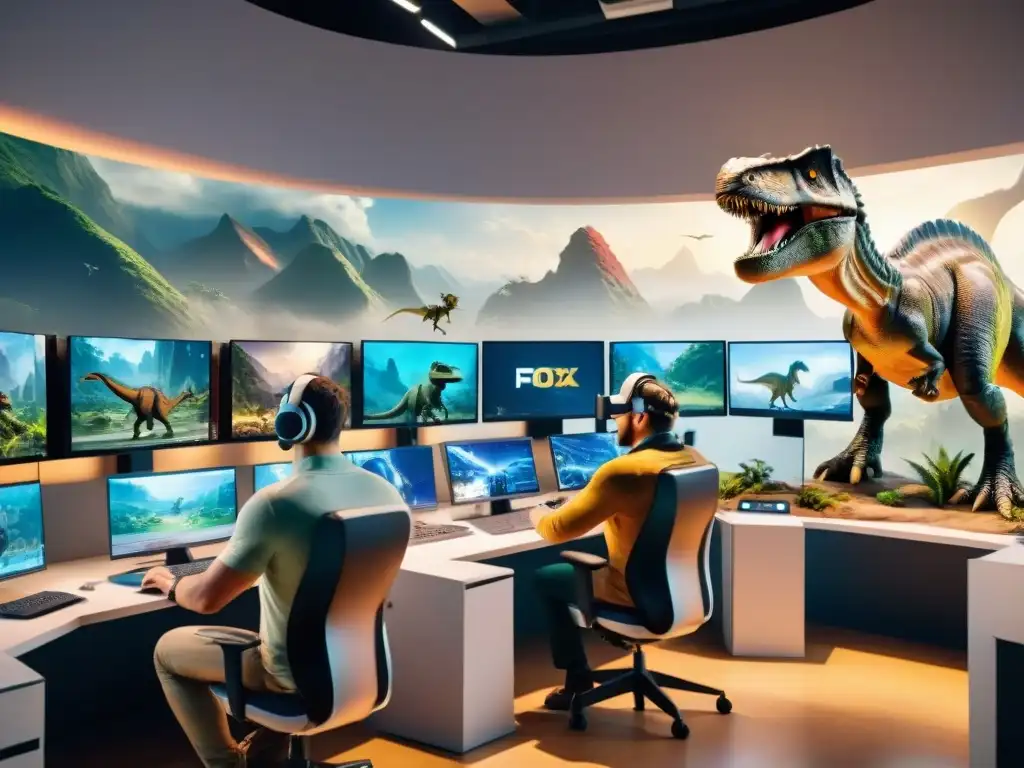 Estudio de videojuegos futurista: creando dinosaurios realistas Estudio de videojuegos futurista con desarrolladores creando dinosaurios para juegos modernos