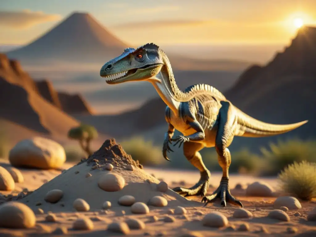 Excavación de fósil de Troodon al atardecer Excavación cuidadosa de fósil de Troodon en desierto al atardecer