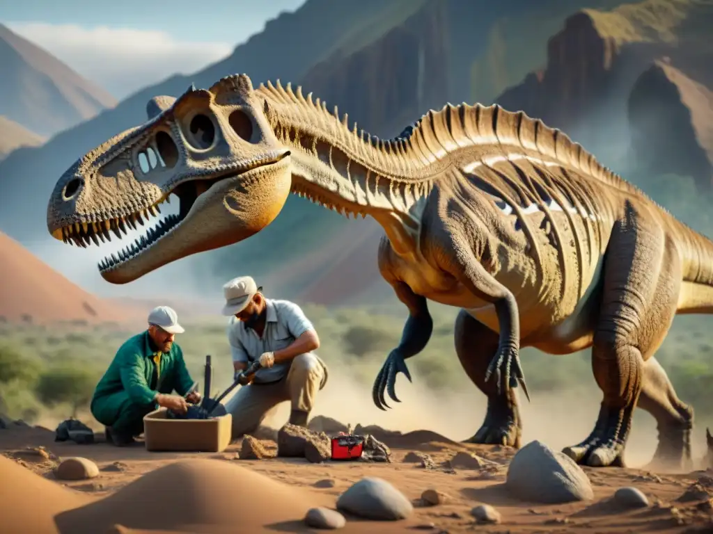Excavación de fósil de Herrerasaurus en Argentina Excavación detallada de fósil de Herrerasaurus en paisaje argentino