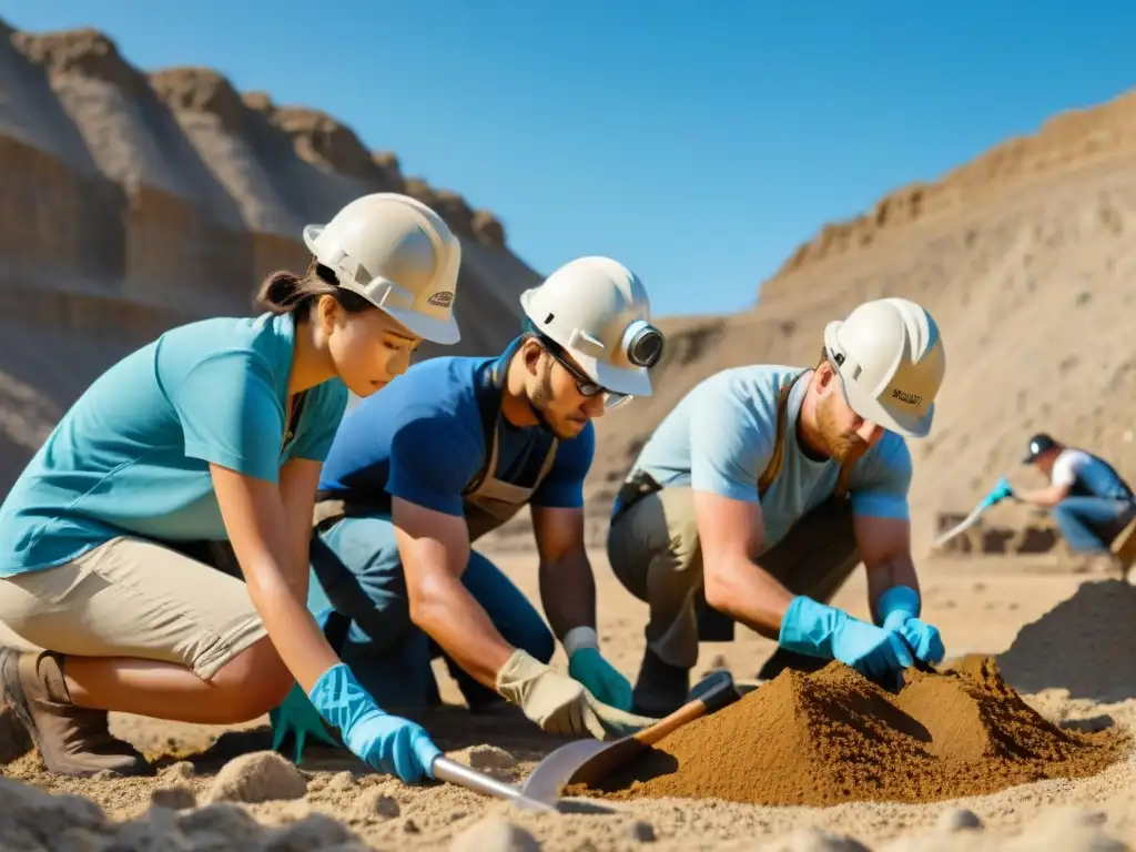 Excavación de fósil de dinosaurio: estudiantes de paleontología en acción Excavación detallada de fósiles con estudiantes de paleontología, fusionando tecnología y trabajo de campo