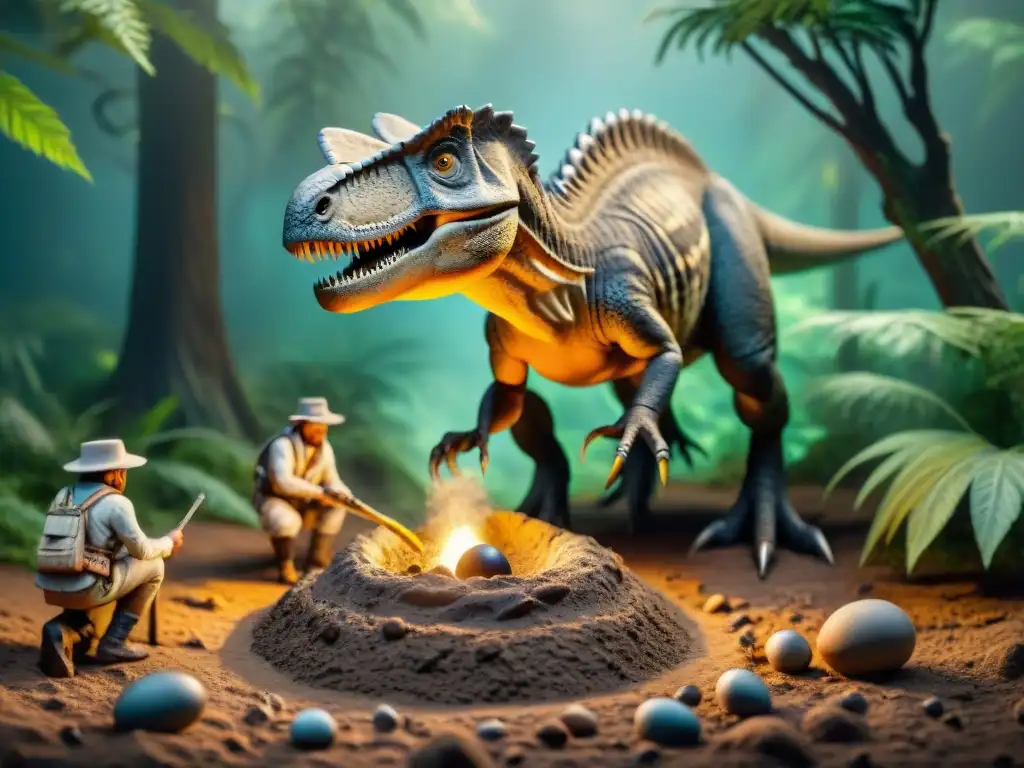 Excavación paleontológica: descubriendo huevos de dinosaurio Excavación detallada de paleontólogos revelando nidos de dinosaurios