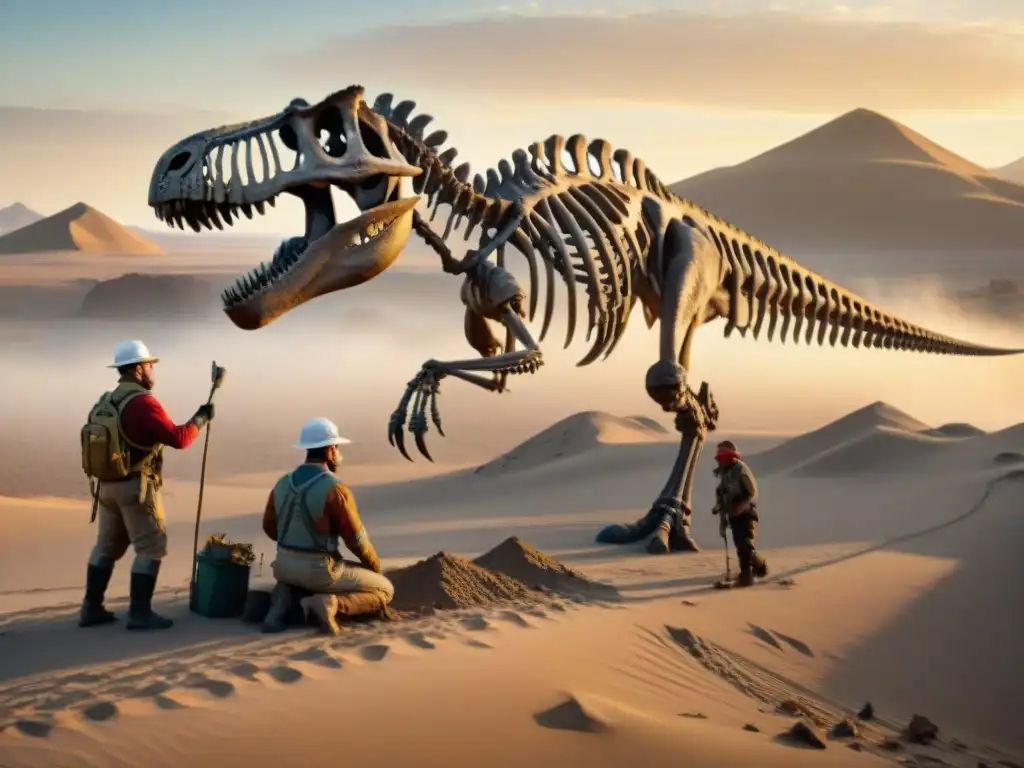 Excavación de un Tiranosaurio Rex: descubriendo la historia antigua Excavación de fósil de T-Rex al atardecer en desierto, científicos desenterrando restos