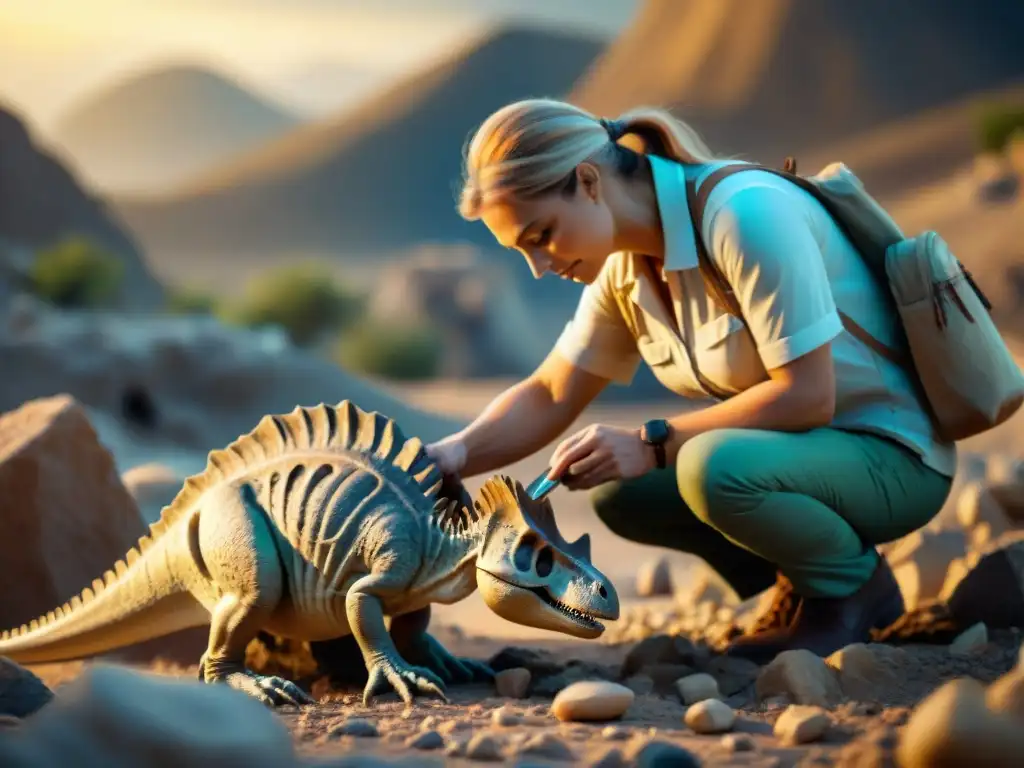 Excavación paleontológica: cuidadosa limpieza de fósiles de dinosaurios Excavación de fósiles de dinosaurios con bufandas y guantes dinosaurio moda en cálida luz solar