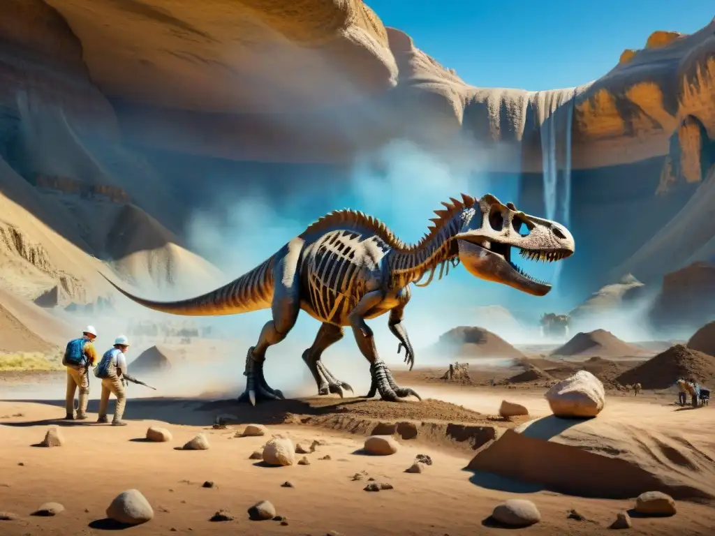 Excavación de fósiles dinosaurios valiosos mercado en terreno árido bajo cielo azul