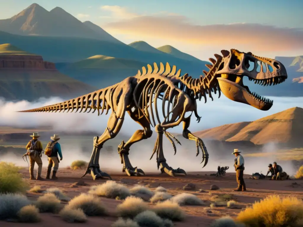 Excavación de fósil de T-Rex al atardecer en el Oeste Salvaje Excavación de fósiles de un T-Rex en el salvaje Oeste