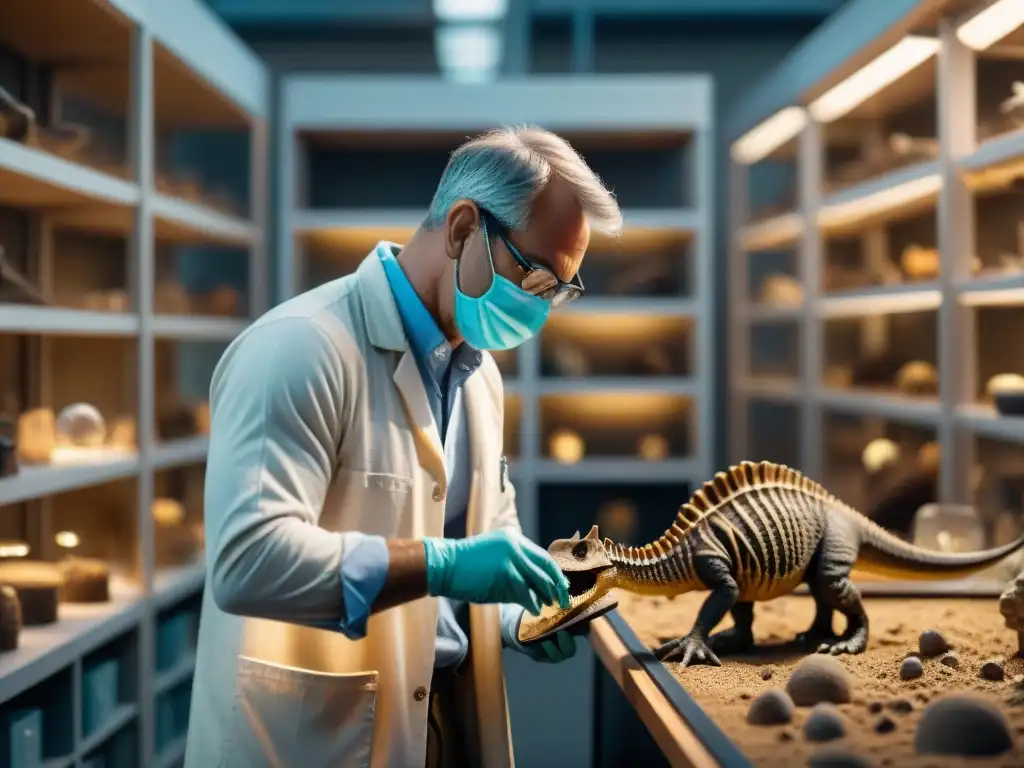 Descubrimiento paleontológico: revelando secretos de un fósil único Excavación meticulosa de fósil de dinosaurio raro en laboratorio, rodeado de instrumentos científicos