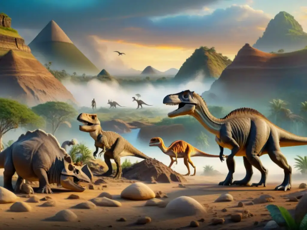 Excavación fósil: evolución de dinosaurios y mamíferos en danza Excavación paleontológica revelando la conexión evolutiva entre dinosaurios y mamíferos en un paisaje rugoso
