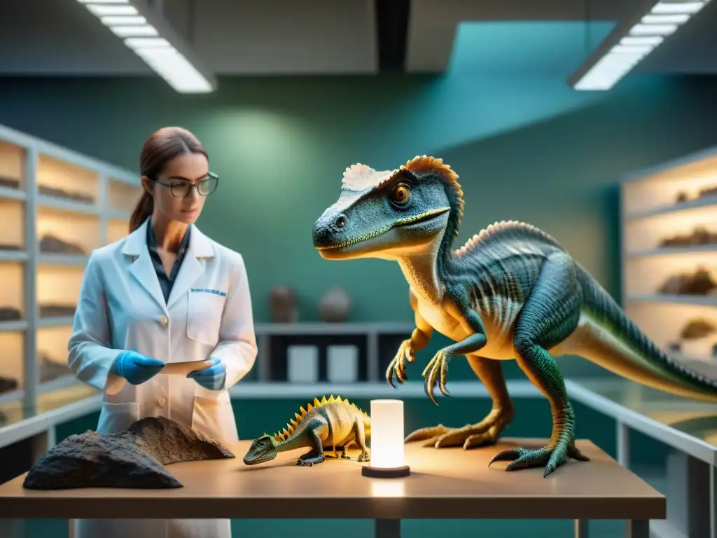 Examen detallado de fósil de Troodon por paleontólogos Exhaustiva investigación de fósil de Troodon en laboratorio