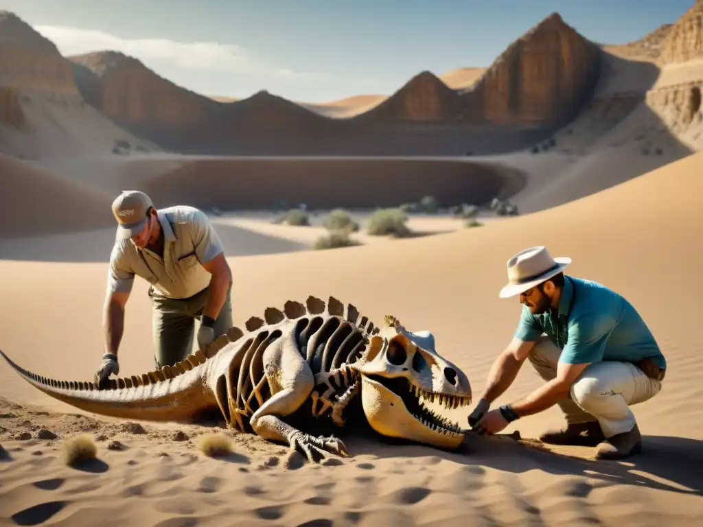 Excavación de dinosaurio: detalle y dedicación en desierto remoto Expediciones paleontológicas en desiertos remotos: Paleontólogos descubren fósiles de dinosaurios entre arena y rocas