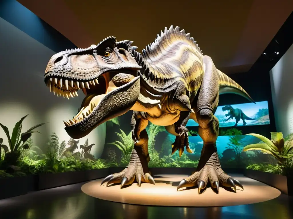 Experiencias únicas en exposiciones de dinosaurios: un Tiranosaurio rex animatrónico rugiendo en un museo, rodeado de plantas prehistóricas