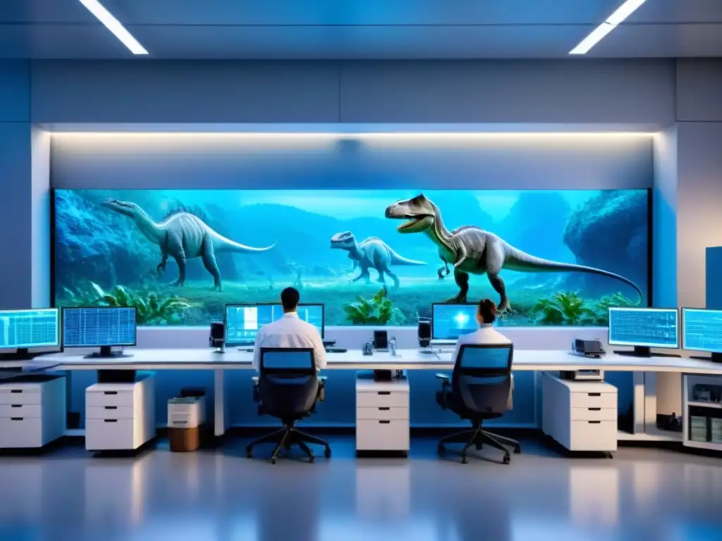 Exploración genética de dinosaurios en laboratorio futurista Experimento científico en laboratorio futurista de genética de dinosaurios: ADN gigantes
