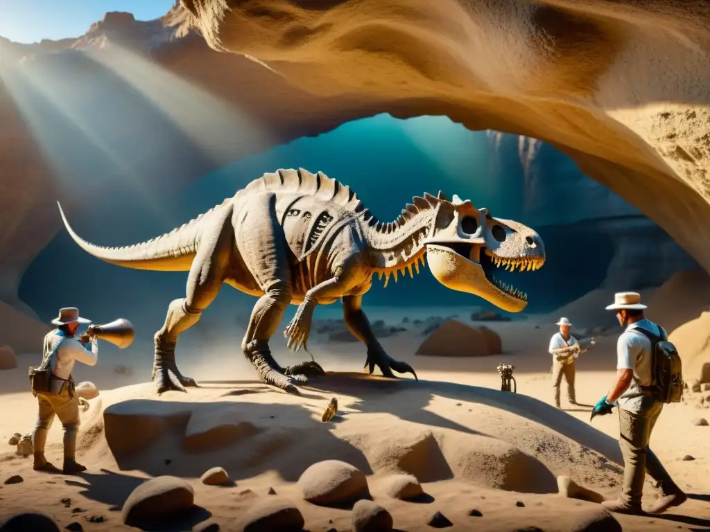 Excavación paleontológica: detalle y pasión en un fósil 8K Expertos paleontólogos excavando fósil de dinosaurio con técnicas dinámicas representación dinosaurios