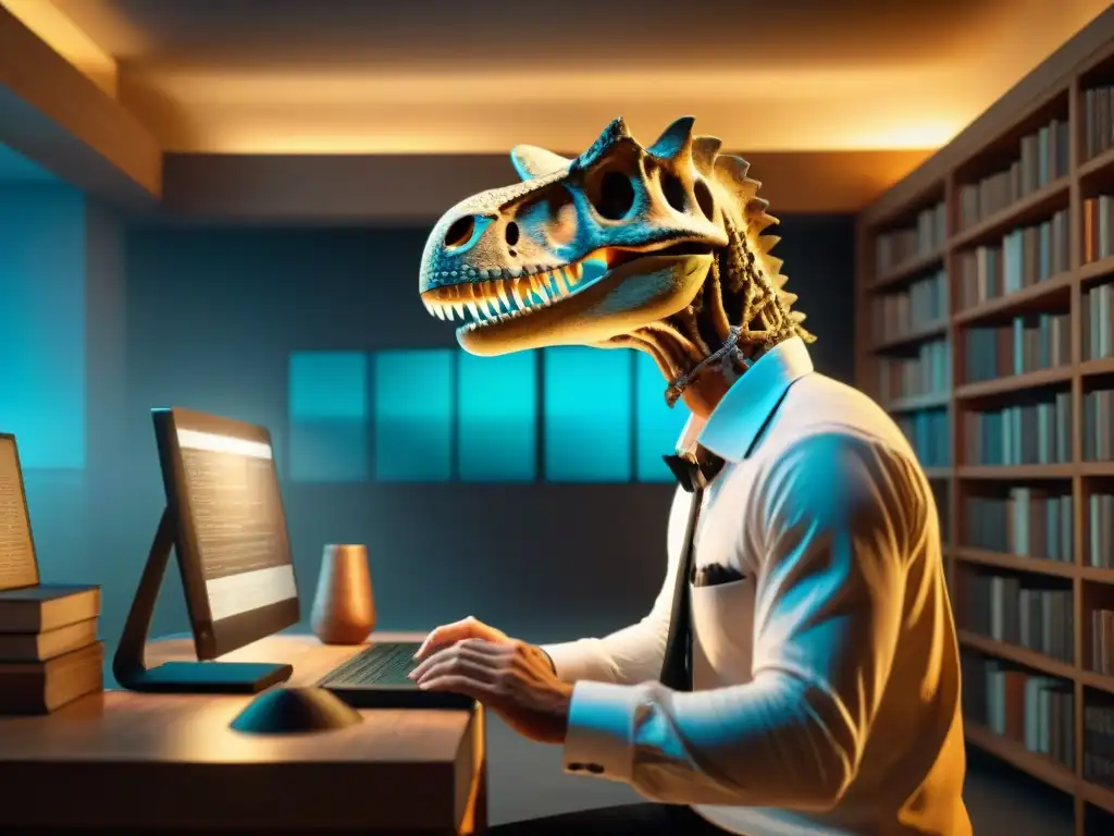 Explorador paleontológico: detallando esqueleto de dinosaurio en 3D Exploración detallada de esqueleto de dinosaurio prehistórico en proyecto virtual de paleontología dinos