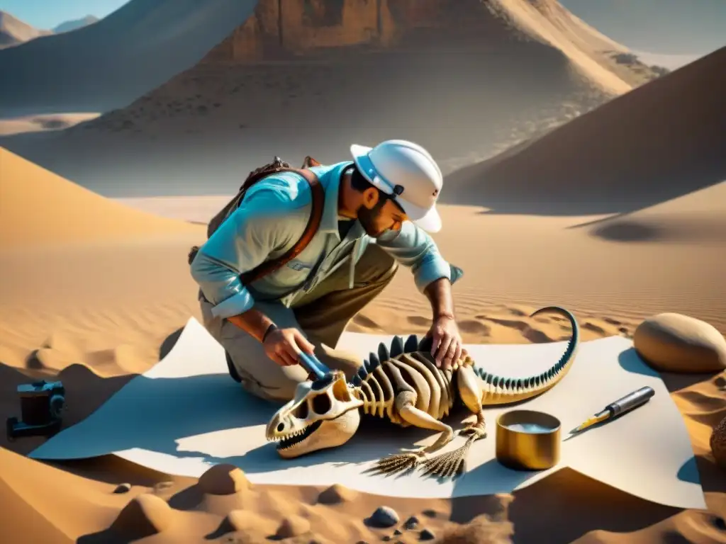 Excavación paleontológica detallada en el desierto Exploración detallada de un paleontólogo excavando esqueleto de dinosaurio en el desierto, rodeado de herramientas y mapa geológico