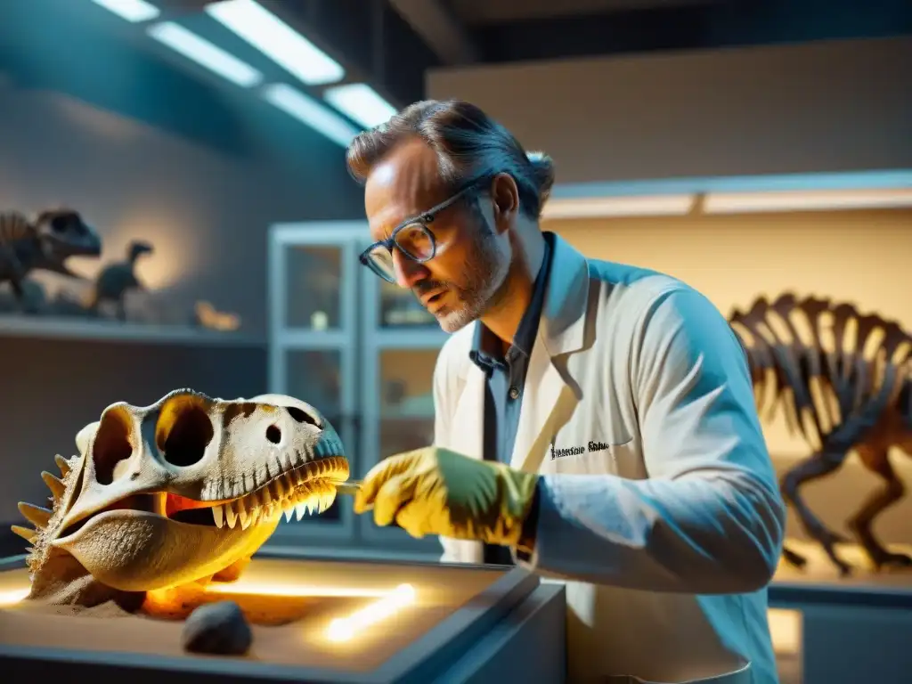 Exploración paleontológica con tecnología avanzada Exploración detallada con tecnología wearable en paleontología: paleontólogo examina esqueleto de dinosaurio fosilizado en laboratorio