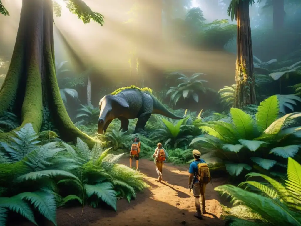 Exploración infantil en la jungla prehistórica Exploración en la jungla prehistórica con niños aventureros descubriendo huellas de dinosaurios