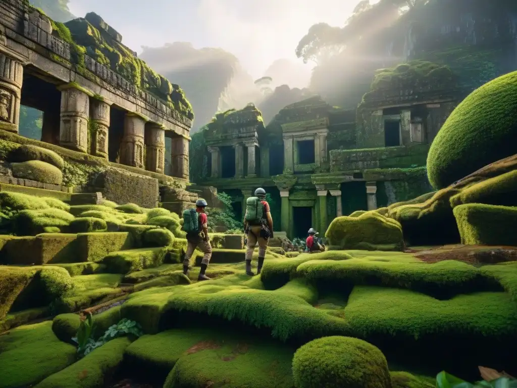Exploradores documentan ciudad antigua en la jungla Exploradores documentando antiguas ruinas cubiertas de musgo en una jungla exuberante