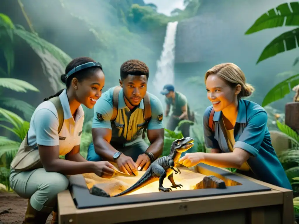 Exploradores descubriendo fósiles de dinosaurios en la jungla prehistórica Exploradores educativos maravillados por fósiles de dinosaurios en un campamento temático de Jurassic World