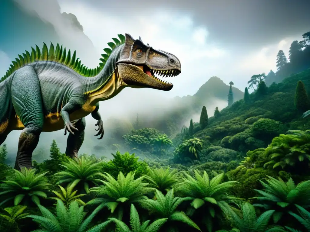 Tierra primordial: dinos y plantas en simbiosis Una exuberante escena prehistórica con una relación simbiótica entre dinosaurios y plantas