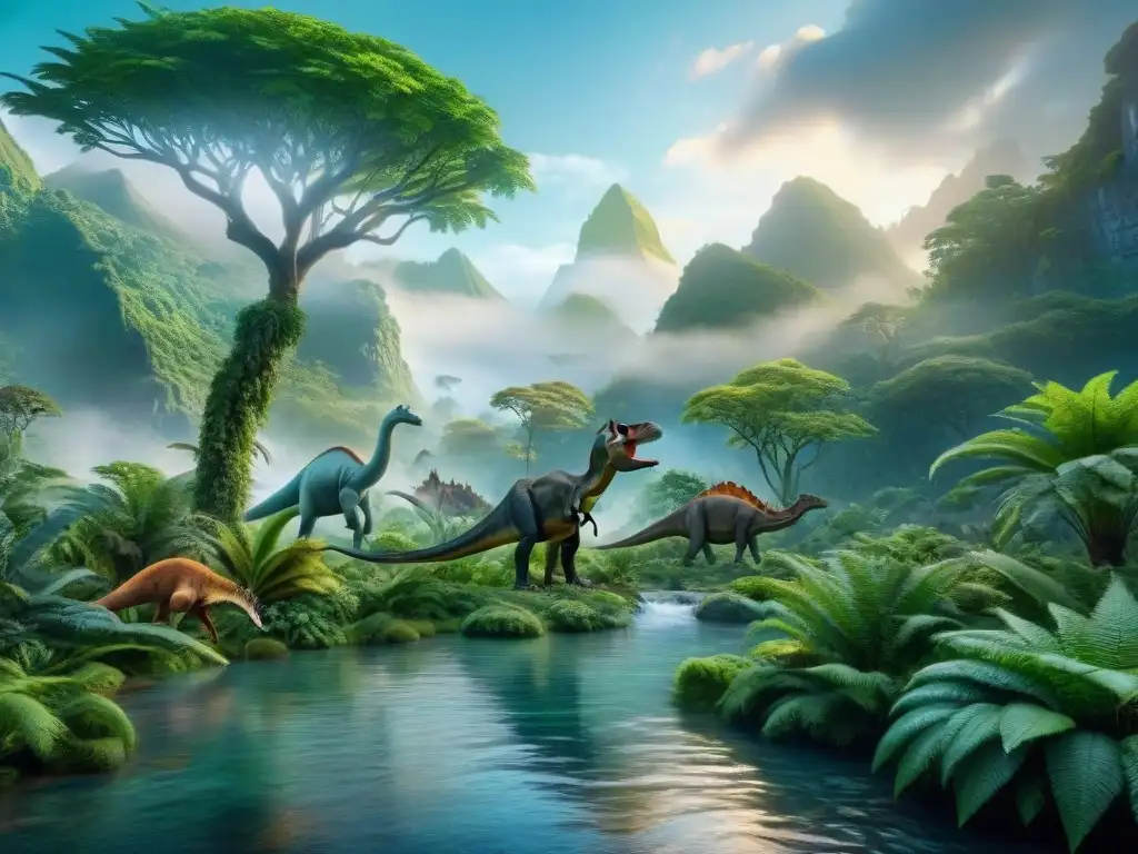 Una exuberante y vibrante escena jurásica en 8k con dinosaurios y vegetación prehistórica