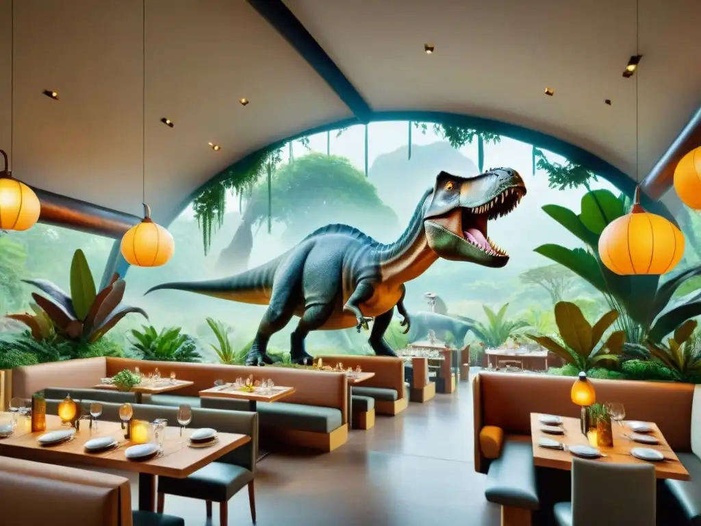 Restaurante prehistórico en parque de dinosaurios: gastronomía y diversión Familias disfrutan de comida prehistórica en un restaurante temático, rodeados de dinosaurios animatrónicos en un parque