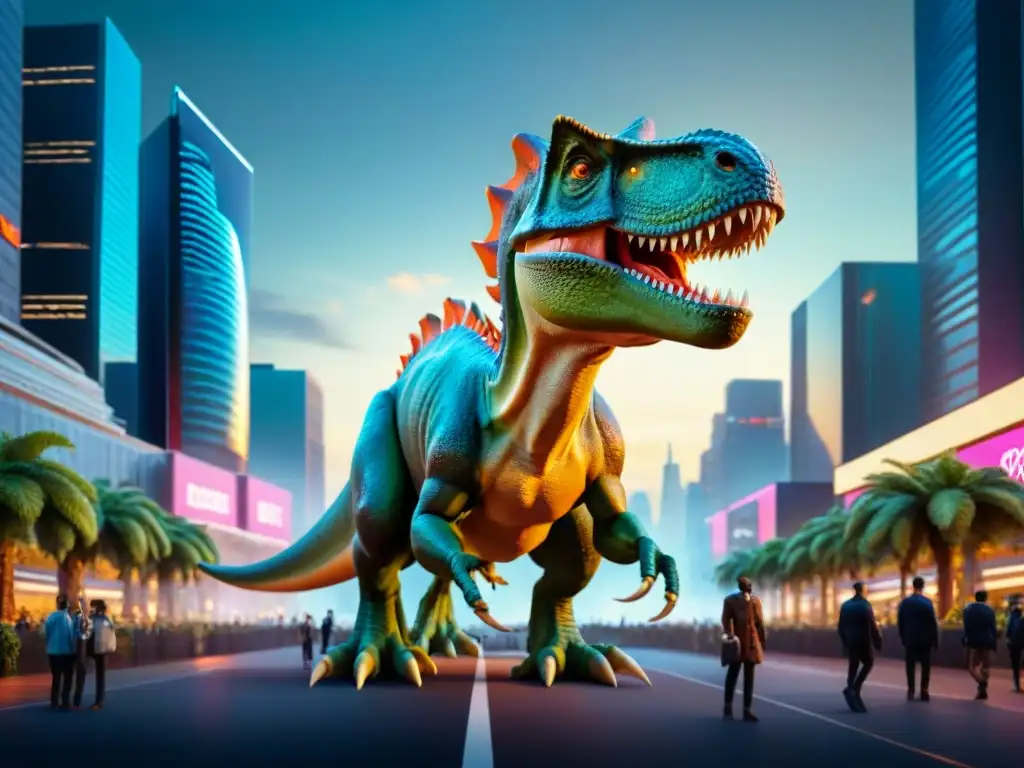 Fascinante arte conceptual de dinosaurios integrados en una ciudad futurista al anochecer, mostrando una coexistencia armoniosa