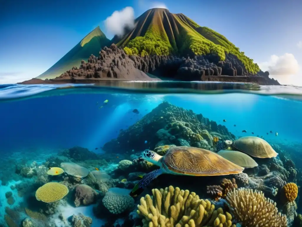 Ecosistema marino: volcanes submarinos y vida colorida Fascinante ecosistema marino con actividad volcánica y vida marina, ilustrando la Importancia de los océanos para mitigar la actividad volcánica