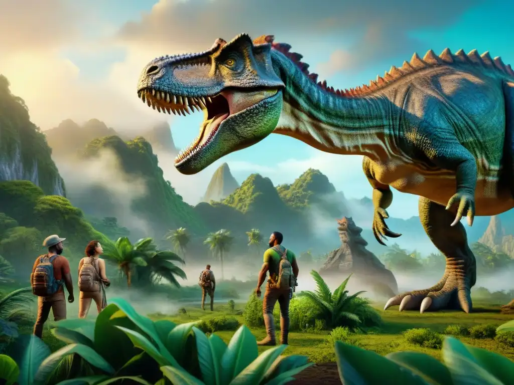 Interacción humana-dinosaurio en paisaje prehistórico Fascinante escena cinematográfica de la intersección entre humanos y dinosaurios en un paisaje prehistórico