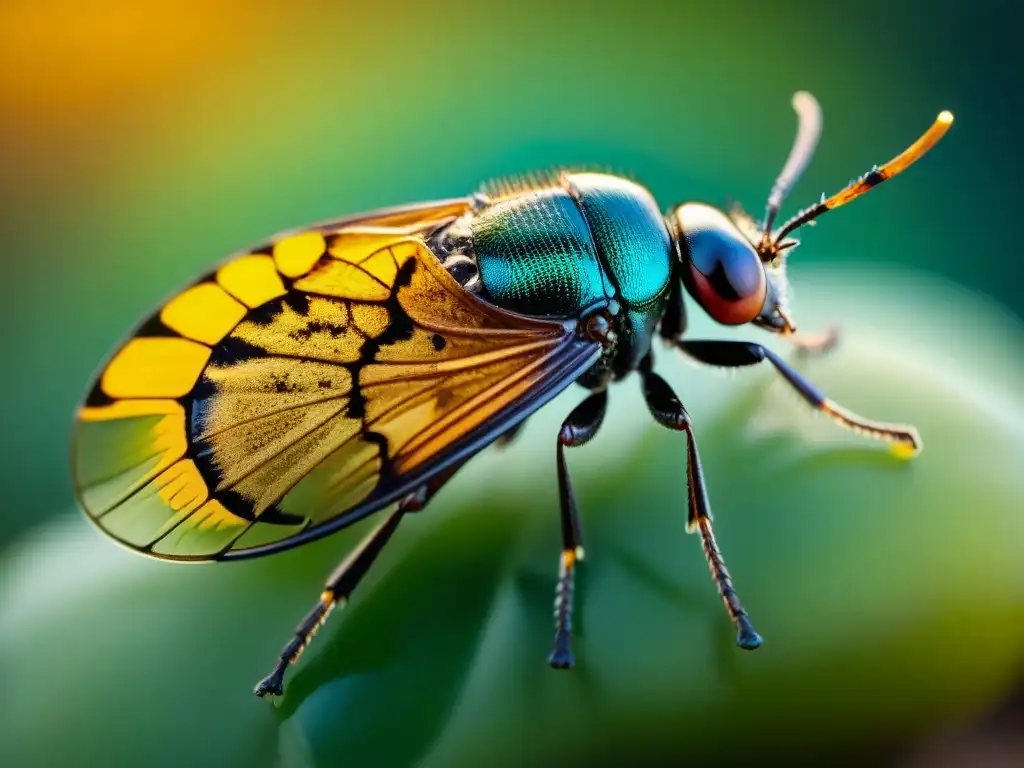Fósil de insecto prehistórico en ámbar: detalle fascinante Fascinante insecto prehistórico atrapado en ámbar, detallando sus alas, ojos y estructura corporal