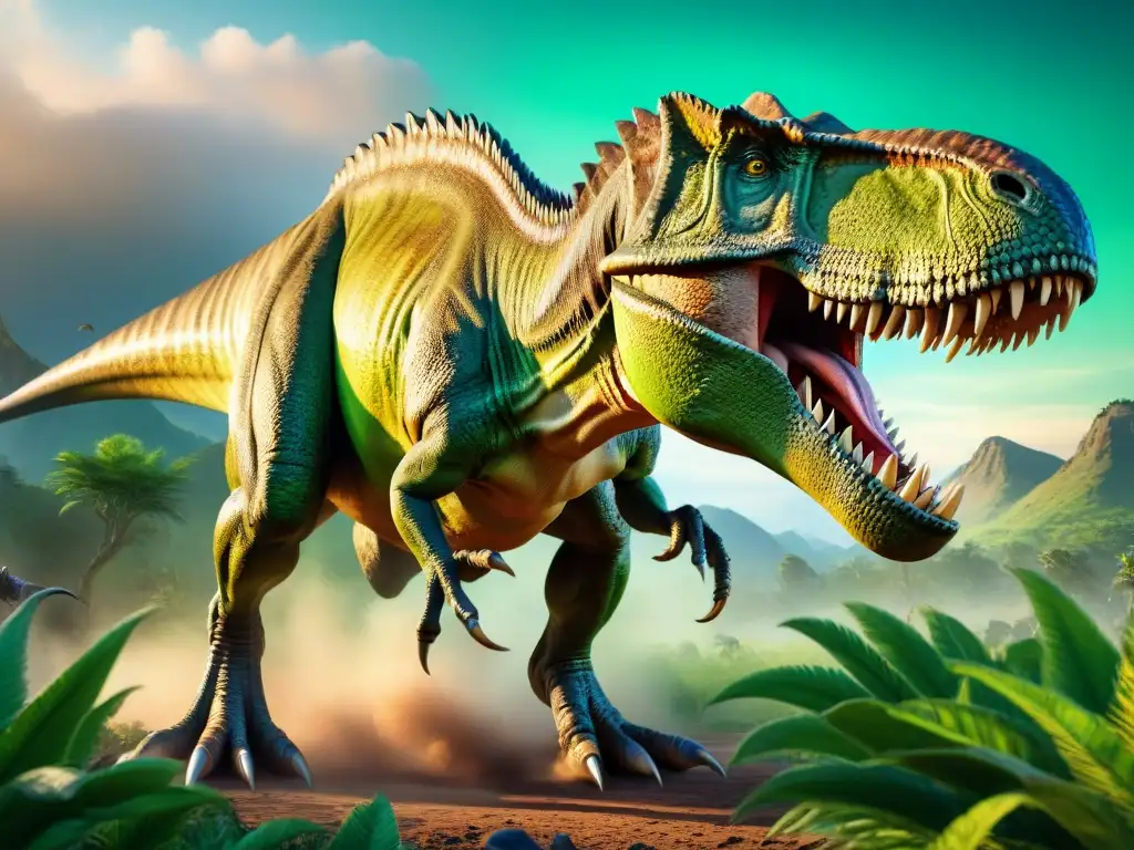 Escena épica: T-Rex cazando Parasaurolophus en detalle El feroz Tyrannosaurus rex acecha a un grupo de Parasaurolophus nerviosos, en una escena de relaciones predador-presa dinosaurios
