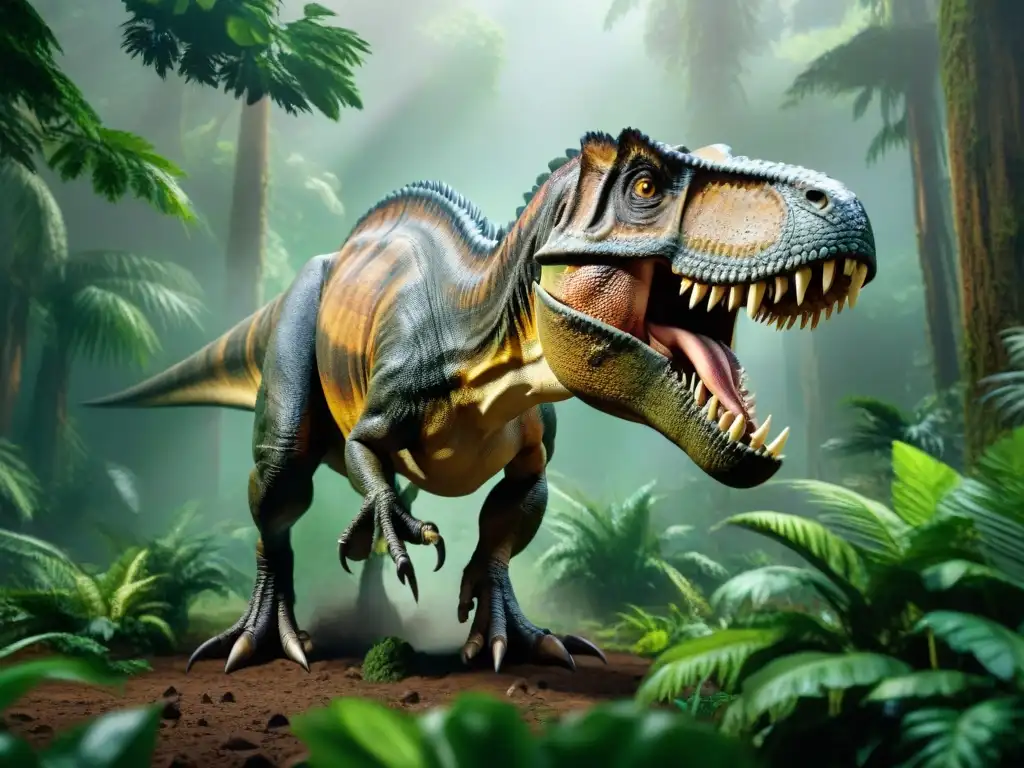 Apasionante caza del Tyrannosaurus Rex en la jungla prehistórica Un feroz Tyrannosaurus Rex caza en la jungla prehistórica