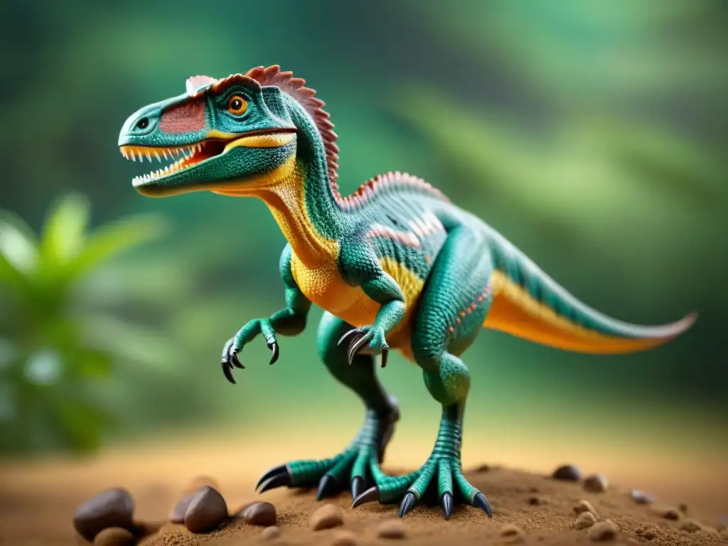 Figura detallada de Velociraptor en pose dinámica Una figura de Velociraptor realista con detalles intrincados y colorido vibrante