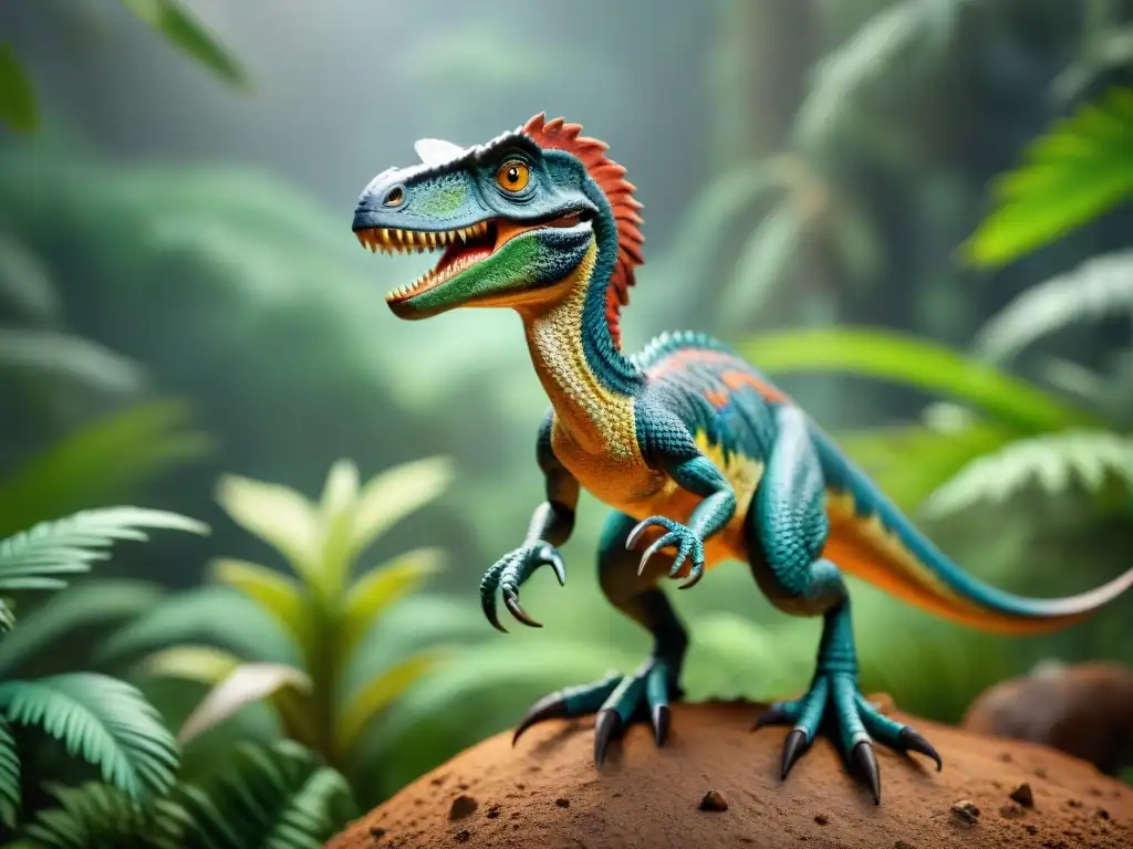 Figura de Velociraptor detallada: realismo y ferocidad en cada escama Figura de Velociraptor realista para niños, con escamas y ojos detallados en postura dinámica, en ambiente selvático borroso