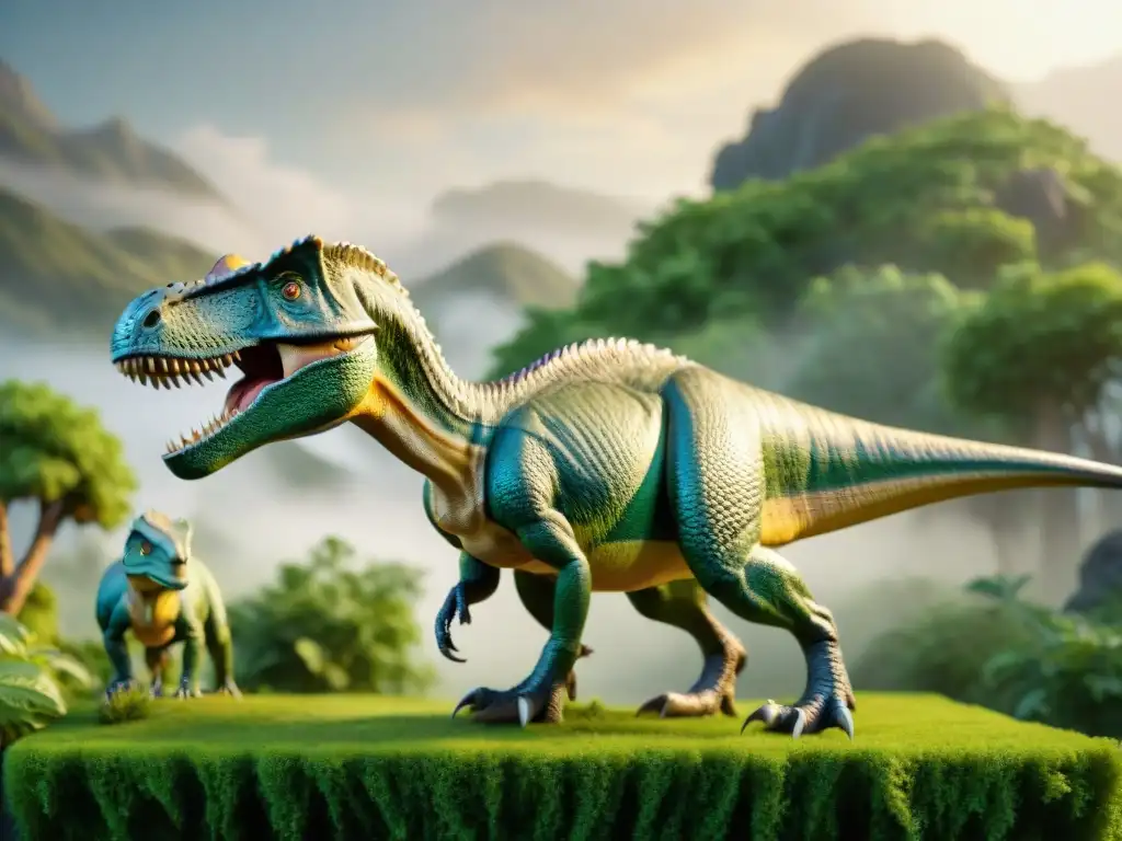 Réplicas hiperrealistas de dinosaurios en paisaje verde exuberante Figuras de dinosaurios realistas para niños en un paisaje verde exuberante con detalles fascinantes