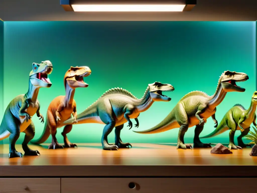Figuras realistas de dinosaurios en mesa de madera Figuras de dinosaurios realistas para niños dispuestas en una mesa de madera bajo luz suave de museo