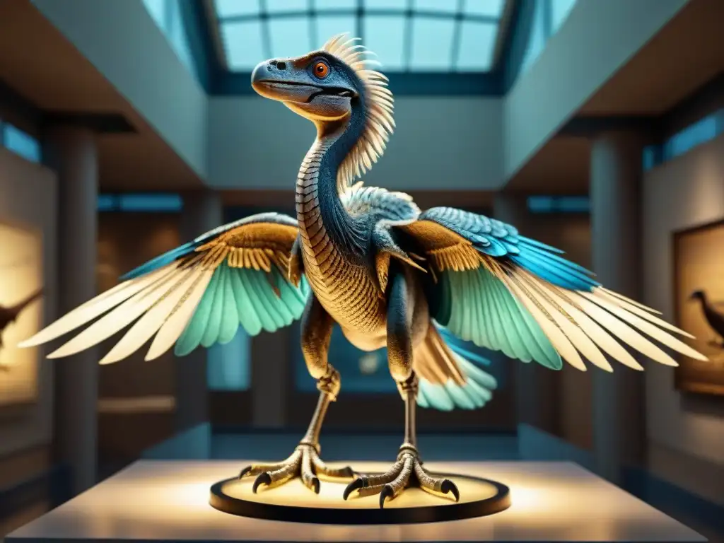 Esqueleto detallado de Microraptor: evolución al vuelo Fósil detallado del Microraptor con alas emplumadas, mostrando evolución del vuelo en dinosaurios en ambiente museístico