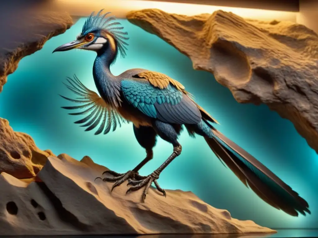 Fósil de Archaeopteryx: Detalles evolutivos en piedra Fósil detallado de Archaeopteryx en roca