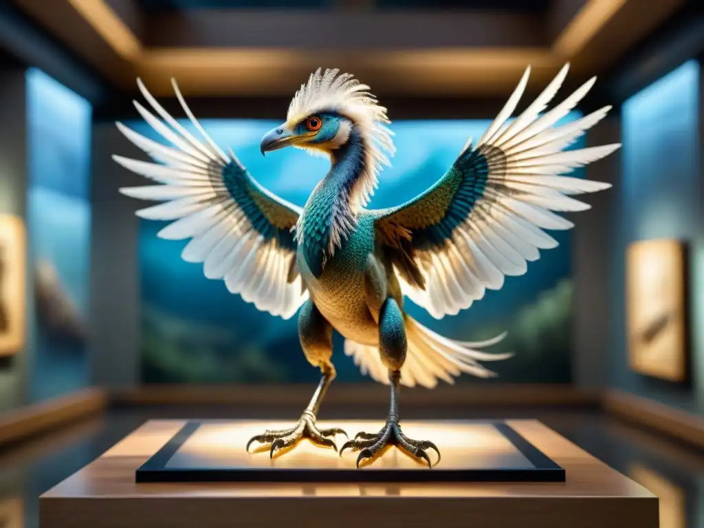 Fósil de Archaeopteryx: alas plumadas y rasgos reptilianos Un fósil detallado de Archaeopteryx, mostrando la evolución del vuelo en dinosaurios con sus alas emplumadas y rasgos reptilianos