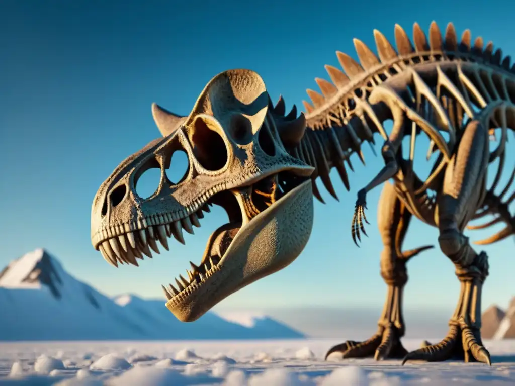 Un fósil de dinosaurio perfectamente conservado en un paisaje polar helado, destacando sus dientes afilados y extremidades poderosas