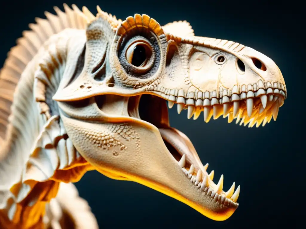 Un fósil de Velociraptor detallado en primer plano, iluminado con un foco suave sobre fondo negro, mostrando su estructura craneal y dientes